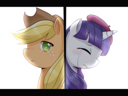 Size: 1024x768 | Tagged: safe, artist:shouyu musume, character:applejack, character:rarity, crying, duo, pixiv, sad