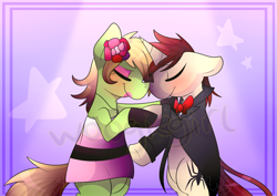 Size: 2054x1454 | Tagged: dead source, safe, artist:woogiegirl, species:earth pony, species:pony, species:unicorn, clothing, crossover, dancing, dress, female, gala dress, gwen stacy, male, peter parker, ponified, shipping, slow dancing, spider-gwen, spider-man, spiders and magic iv: the fall of spider-mane, spiders and magic: rise of spider-mane, straight, tuxedo, watermark