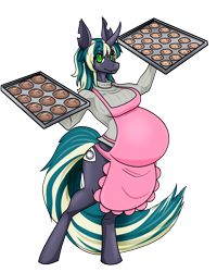 Size: 2400x3000 | Tagged: safe, artist:riddleaellinea, oc, oc only, oc:vanilla buns, species:anthro, species:unguligrade anthro, species:unicorn, g4, anthro oc, apron, belly, big belly, bread, clothing, colored pupils, cookie, eyebrows, female, housewife, looking at you, mare, pregnant, simple background, solo, three quarter view, transparent background, unicorn oc