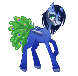 Size: 1473x1440 | Tagged: safe, artist:cups, derpibooru original, oc, oc only, species:pony, bedroom eyes, bird pone, buraq, male, peacock, small wings, smiling, solo, stallion