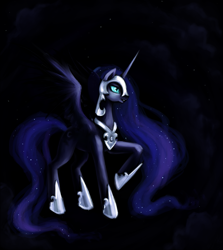 Size: 1071x1200 | Tagged: dead source, safe, artist:nyarmarr, character:nightmare moon, character:princess luna, species:alicorn, species:pony, g4, female, mare, raised hoof, solo