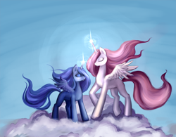 Size: 1200x934 | Tagged: dead source, safe, artist:nyarmarr, character:princess celestia, character:princess luna, species:alicorn, species:pony, g4, blank flank, cloud, duo, duo female, eyes closed, female, hooves, horn, magic, on a cloud, pink-mane celestia, spread wings, standing on a cloud, wings, young celestia, young luna, younger