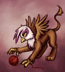 Size: 823x900 | Tagged: dead source, safe, artist:nyarmarr, character:gilda, species:griffon, abstract background, behaving like a cat, catbird, female, griffons doing cat things, solo, yarn ball