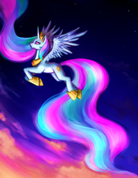 Size: 1229x1584 | Tagged: dead source, safe, artist:nyarmarr, character:princess celestia, species:alicorn, species:pony, g4, female, flying, mare, solo