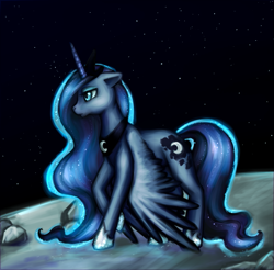 Size: 889x876 | Tagged: dead source, safe, artist:nyarmarr, character:princess luna, species:alicorn, species:pony, g4, banishment, female, hoof shoes, mare, moon, solo, space, stars, wings down