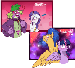 Size: 1024x924 | Tagged: safe, artist:craftedfun3, character:flash sentry, character:rarity, character:spike, character:twilight sparkle, character:twilight sparkle (alicorn), species:alicorn, species:pony, ship:flashlight, ship:sparity, clothing, collar, female, hoodie, male, mare, older, older spike, shipping, straight