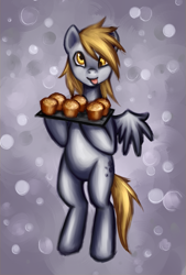 Size: 761x1123 | Tagged: dead source, safe, artist:nyarmarr, character:derpy hooves, species:pegasus, species:pony, g4, abstract background, bipedal, female, mare, muffin, solo, tongue out
