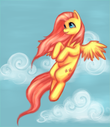 Size: 887x1024 | Tagged: dead source, safe, artist:nyarmarr, character:fluttershy, species:pegasus, species:pony, g4, cloud, female, flying, mare, solo