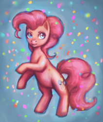 Size: 764x900 | Tagged: dead source, safe, artist:nyarmarr, character:pinkie pie, species:earth pony, species:pony, g4, confetti, female, mare, rearing, solo