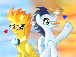 Size: 600x450 | Tagged: safe, artist:ognifireheart, character:soarin', character:spitfire, species:pegasus, species:pony, ship:soarinfire, female, goggles, male, mare, pie, shipping, stallion, straight, that pony sure does love pies