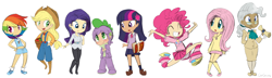 Size: 3318x956 | Tagged: safe, artist:girgrunny, character:applejack, character:fluttershy, character:mayor mare, character:pinkie pie, character:rainbow dash, character:rarity, character:spike, character:twilight sparkle, species:human, 2010s, 2012, apple, arms in the air, blonde hair, blue eyes, blushing, book, boots, bucket, clothing, confident, converse, cowboy boots, cowboy hat, cowgirl, ear piercing, earring, excited, female, food, freckles, green eyes, grey hair, gym shorts, hands on hip, hat, humanized, in love, jewelry, line-up, male, mane seven, mane six, multicolored hair, necktie, overalls, pantyhose, piercing, pink eyes, pink hair, pleated skirt, ponytail, purple eyes, purple hair, rainbow hair, scroll, shoes, shorts, simple background, skirt, smiling, sneakers, socks, suspenders, sweater vest, tank top, tube skirt, white background
