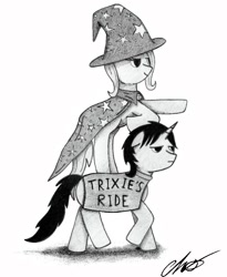 Size: 592x723 | Tagged: safe, artist:moonlightscribe, character:trixie, oc, species:pony, species:unicorn, newbie artist training grounds, female, mare, monochrome, ponies riding ponies, traditional art