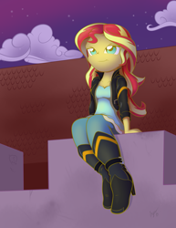 Size: 1024x1325 | Tagged: safe, artist:sycotei-b, character:sunset shimmer, episode:my past is not today, equestria girls:rainbow rocks, g4, my little pony: equestria girls, my little pony:equestria girls, canterlot high, clothing, female, leather jacket, rooftop, scene interpretation, signature, sitting, solo