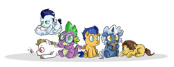 Size: 1024x394 | Tagged: safe, artist:craftedfun3, character:bulk biceps, character:caramel, character:flash sentry, character:pokey pierce, character:soarin', character:spike, species:pony, butterfly, colt, cute, male, prone, sitting, soarinbetes, younger