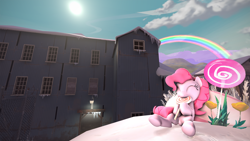 Size: 2400x1350 | Tagged: safe, artist:pink-dooples, character:pinkie pie, 3d, candy, cute, happy, lollipop, pyroland, rainbow, source filmmaker