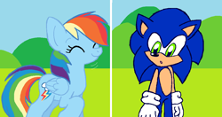 Size: 1020x540 | Tagged: safe, artist:heartinarosebud, character:rainbow dash, character:sonic the hedgehog, crossover, crossover shipping, female, interspecies, male, shipping, sonic the hedgehog (series), sonicdash, straight