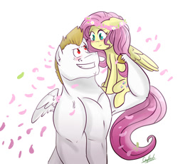 Size: 1024x941 | Tagged: safe, artist:craftedfun3, character:bulk biceps, character:fluttershy, species:pegasus, species:pony, ship:flutterbulk, female, flexing, floral head wreath, male, shipping, straight