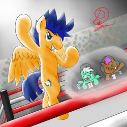 Size: 2000x2000 | Tagged: safe, artist:periodicbrony, character:flash sentry, announcer, backwards cutie mark, male, silly background, solo, wrestling ring