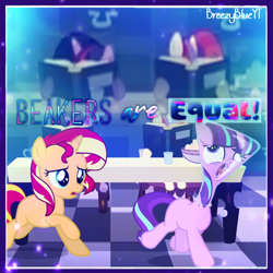 Size: 1000x1000 | Tagged: dead source, safe, artist:breezyblueyt, character:moondancer, character:starlight glimmer, character:sunset shimmer, character:twilight sparkle, species:pony, species:unicorn, beaker, book, counterparts, cute, erlenmeyer flask, female, filly, filly moondancer, filly starlight glimmer, filly sunset shimmer, filly twilight sparkle, flaskhead hearts, foal, funny, magical quartet, manip, running, twilight's counterparts, worried, younger