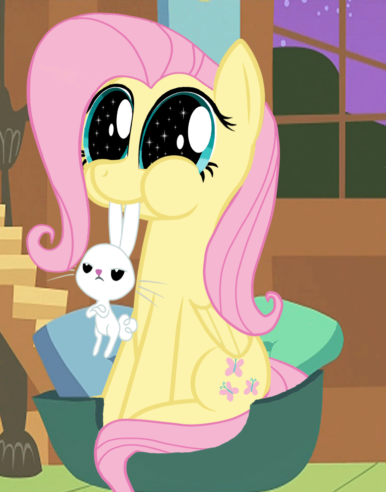 Size: 777x991 | Tagged: safe, artist:keanno, character:angel bunny, character:fluttershy, species:pegasus, species:pony, species:rabbit, :t, animal, animated, annoyed, chewing, crossed arms, cute, dilated pupils, female, frown, glare, mare, nom, puffy cheeks, shyabetes, sitting, smiling, sparkles, starry eyes, unamused, wat, window, wingding eyes