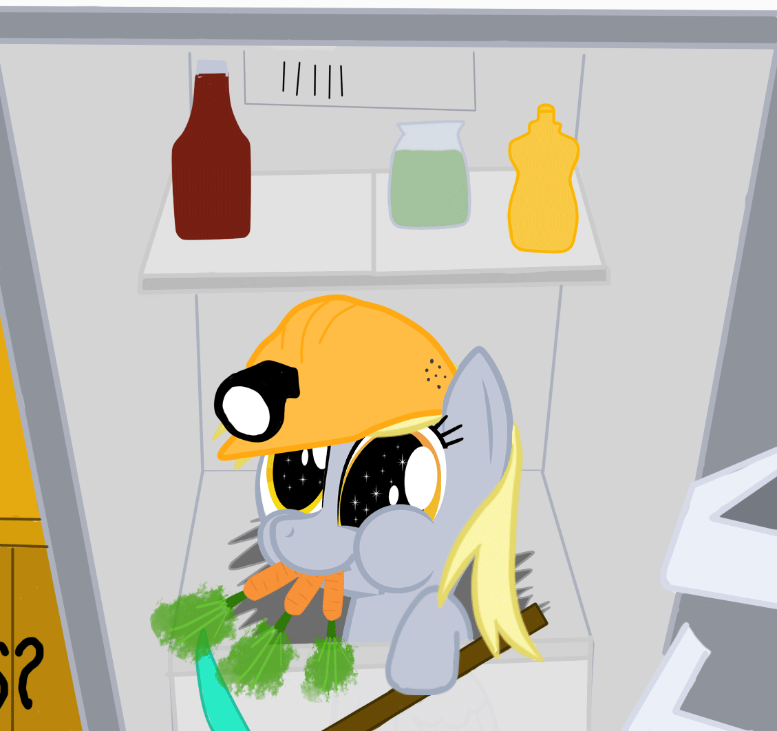 Size: 1129x1062 | Tagged: safe, artist:keanno, character:derpy hooves, species:pegasus, species:pony, animated, carrot, chewing, clothing, cute, derpabetes, diamond pickaxe, dilated pupils, eye shimmer, female, hard hat, hat, headlamp, helmet, i emptied your fridge, looking at you, mare, minecraft, mining helmet, puffy cheeks, refrigerator, smiling, solo, sparkles, wingding eyes
