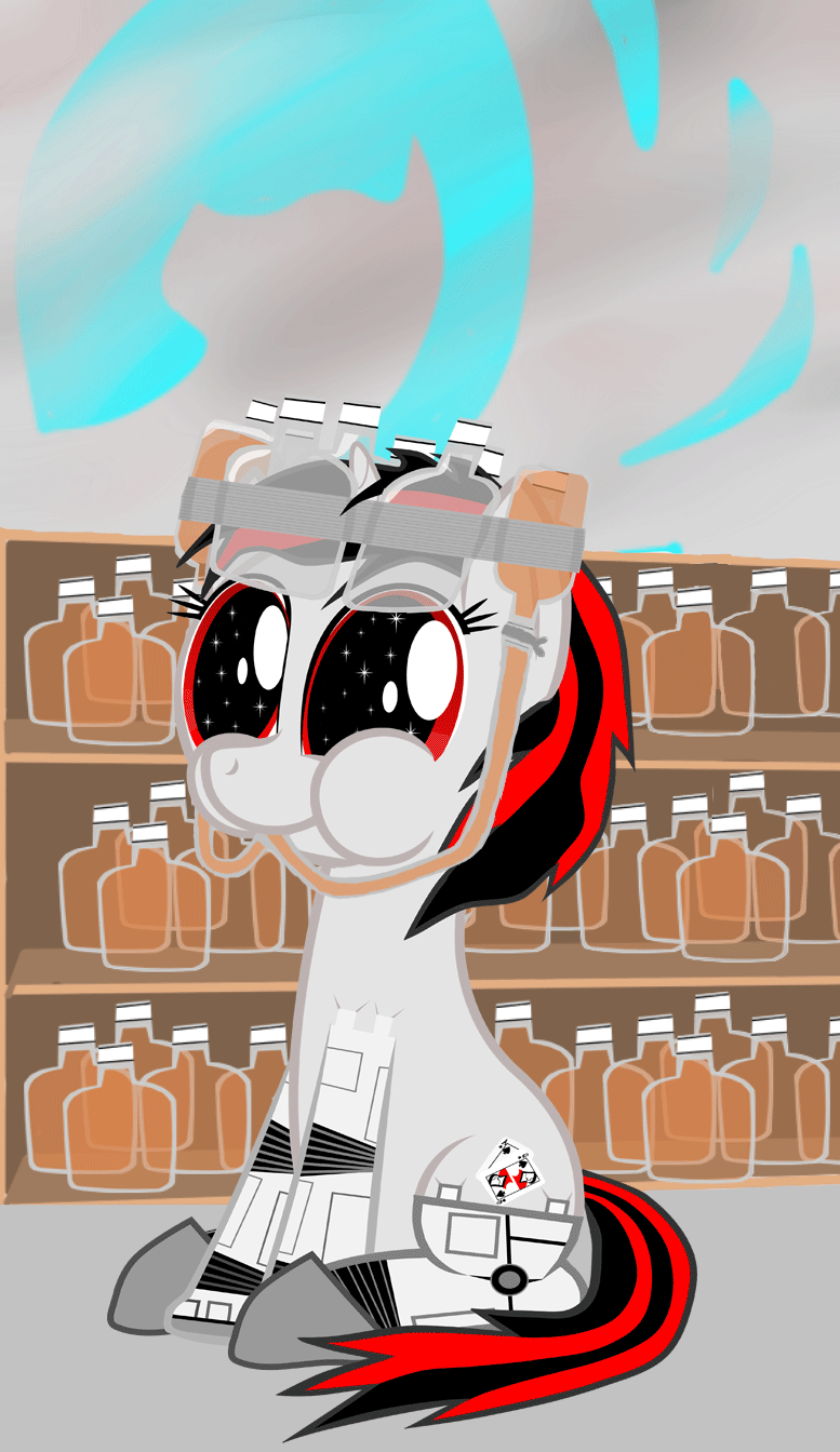 Size: 777x1344 | Tagged: safe, artist:keanno, oc, oc only, oc:blackjack, species:pony, species:unicorn, fallout equestria, fallout equestria: project horizons, alcohol, animated, bottle, clothing, cutie mark, cyborg, drinking, drinking hat, fanfic, fanfic art, female, gif, hat, hooves, horn, level 1 (project horizons), mare, queen whiskey, sitting, solo, whiskey