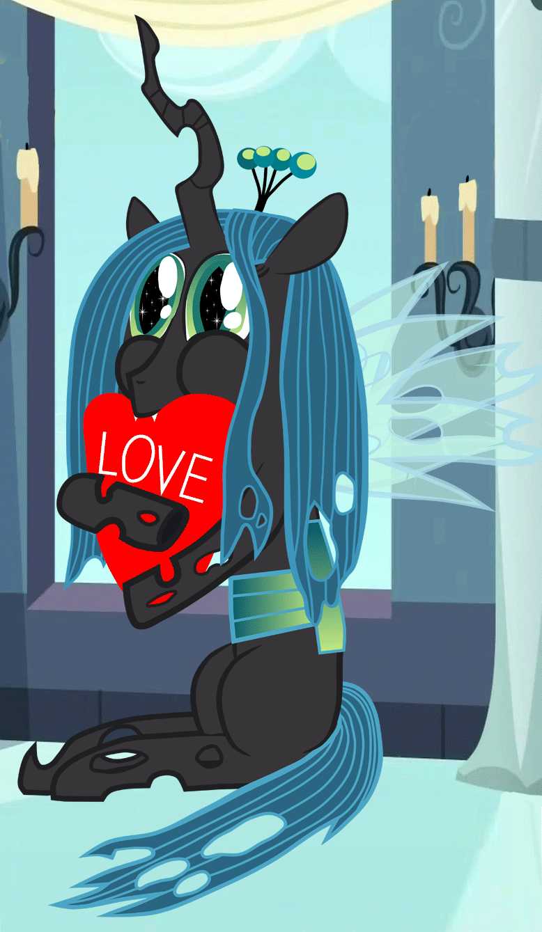 Size: 778x1339 | Tagged: safe, artist:keanno, character:queen chrysalis, species:changeling, animated, changeling queen, chewing, cute, cutealis, female, heart, love, puffy cheeks, solo
