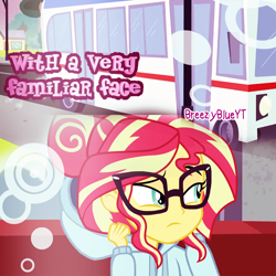Size: 1000x1000 | Tagged: safe, artist:breezyblueyt, edit, character:sunset shimmer, equestria girls:friendship games, g4, my little pony: equestria girls, my little pony:equestria girls, alternate hairstyle, bun, clothing, glasses, hoodie, manip