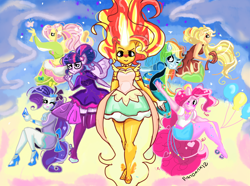 Size: 1280x950 | Tagged: safe, artist:pandanx12, character:applejack, character:daydream shimmer, character:fluttershy, character:pinkie pie, character:rainbow dash, character:rarity, character:sunset shimmer, character:twilight sparkle, character:twilight sparkle (scitwi), species:eqg human, equestria girls:friendship games, g4, my little pony: equestria girls, my little pony:equestria girls, daydream shimmer, parody, ponied up, puella magi madoka magica