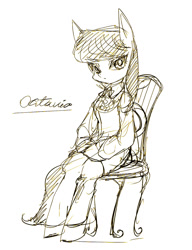 Size: 800x1040 | Tagged: safe, artist:soukitsubasa, character:octavia melody, chair, clothing, female, monochrome, semi-anthro, sitting, sketch, solo
