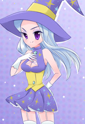 Size: 612x888 | Tagged: dead source, safe, artist:framboosi, character:trixie, species:human, boob window, cleavage, clothing, dress, female, hat, humanized, solo, trixie's cape, trixie's hat