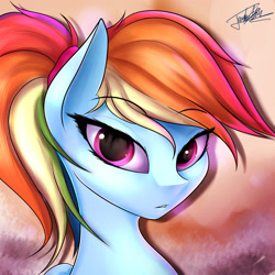 Size: 2952x2952 | Tagged: safe, artist:elzzombie, character:rainbow dash, species:pony, alternate hairstyle, female, looking at you, mare, ponytail, portrait, solo