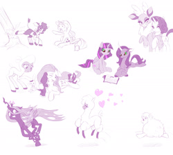 Size: 2226x2000 | Tagged: safe, artist:dstears, community related, character:angel bunny, character:applejack, character:arizona cow, character:fluttershy, character:oleander, character:paprika paca, character:pom lamb, character:queen chrysalis, character:rarity, character:twilight sparkle, character:twilight sparkle (alicorn), character:velvet reindeer, oc, oc:fluffle puff, species:alicorn, species:alpaca, species:classical unicorn, species:cow, species:deer, species:pony, species:reindeer, species:sheep, them's fightin' herds, bandana, chase, clothing, cloven hooves, cowboy hat, crossover, curved horn, dark magic, female, hat, heart, kicking, lamb, leonine tail, magic, mare, monochrome, pronking, puppy, running, scrunchy face, sketch, sketch dump, tree, unicornomicon