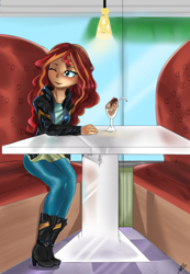 Size: 1296x1872 | Tagged: safe, artist:mrscurlystyles, character:sunset shimmer, my little pony:equestria girls, booth, cute, female, shimmerbetes, sitting, solo, sundae, tongue out, wink