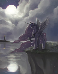 Size: 2480x3166 | Tagged: safe, artist:mrs1989, character:princess luna, cliff, eyes closed, female, lighthouse, moon, night, raised hoof, solo
