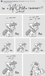 Size: 622x1040 | Tagged: safe, artist:capnpea, character:apple bloom, character:sweetie belle, species:earth pony, species:pony, species:unicorn, apple, black and white, food, grayscale, monochrome, the wacky crusaders