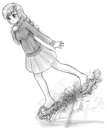 Size: 985x1174 | Tagged: safe, artist:alloyrabbit, oc, oc only, oc:sequoia, species:human, city, clothing, crushing, destruction, feet, humanized, macro, platform shoes, pleated skirt, sandals, skirt, smiling, sweater