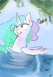 Size: 2700x3900 | Tagged: safe, artist:mrscurlystyles, character:princess celestia, species:alicorn, species:pony, :t, aliduck, behaving like a bird, behaving like a duck, ducklestia, female, funny, leaves, mare, pond, quack, scrunchy face, smiling, solo, swanlestia