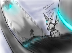 Size: 1168x866 | Tagged: safe, artist:alloyrabbit, oc, oc only, oc:alloy, oc:anon, oc:orchid, antennae, dialogue, glowing horn, kaiju pony, limited palette, macro, pier, robot