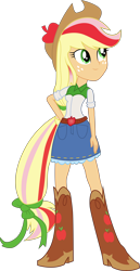 Size: 6742x13075 | Tagged: safe, artist:illumnious, character:applejack, ponyscape, my little pony:equestria girls, absurd resolution, boots, clothing, cowboy boots, cowboy hat, denim skirt, female, freckles, hat, ponied up, ponytail, rainbow hair, rainbow power, rainbow power-ified, rainbow tail, simple background, skirt, solo, stetson, transparent background, vector