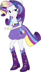 Size: 5465x9629 | Tagged: safe, artist:illumnious, character:rarity, ponyscape, my little pony:equestria girls, absurd resolution, boots, bracelet, clothing, female, high heel boots, jewelry, ponied up, ponytail, rainbow hair, rainbow power, rainbow power-ified, rainbow tail, raised eyebrow, simple background, skirt, solo, transparent background, vector