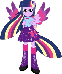 Size: 6780x8096 | Tagged: safe, artist:illumnious, character:twilight sparkle, character:twilight sparkle (alicorn), species:alicorn, ponyscape, my little pony:equestria girls, absurd resolution, boots, clothing, colored wings, female, high heel boots, leg warmers, looking at you, multicolored wings, ponied up, ponytail, rainbow hair, rainbow power, rainbow power-ified, rainbow tail, rainbow wings, simple background, skirt, solo, transparent background, vector, wings