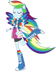 Size: 8307x10508 | Tagged: safe, artist:illumnious, character:rainbow dash, ponyscape, my little pony:equestria girls, absurd resolution, boots, bracelet, clothing, colored wings, eyes closed, female, jewelry, multicolored wings, ponied up, ponytail, rainbow power, rainbow power-ified, rainbow tail, rainbow wings, raised leg, simple background, skirt, socks, solo, transparent background, vector, wings, wristband