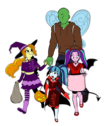 Size: 1322x1512 | Tagged: safe, artist:rileyav, character:adagio dazzle, character:aria blaze, character:sonata dusk, oc, oc:anon, species:human, my little pony:equestria girls, adoragio, ariabetes, clothing, costume, cute, cute little fangs, devil horns, fangs, glasses, hat, horns, pumpkin bucket, simple background, sonatabetes, the dazzlings, trick or treat, vampire, white background, witch, witch hat, younger