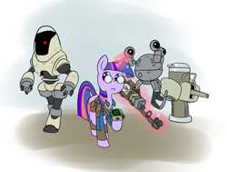 Size: 971x734 | Tagged: safe, artist:metal-kitty, character:twilight sparkle, clothing, crossover, fallout, fallout 4, glasses, gun, laser musket, magic, mister handy, pipboy, pipbuck, protectron, robot, saddle bag, telekinesis, turret