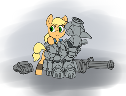 Size: 835x637 | Tagged: safe, artist:metal-kitty, character:applejack, species:earth pony, species:pony, armor, clothing, crossover, fallout, fallout 4, female, gun, minigun, missing accessory, power armor, powered exoskeleton, solo, weapon