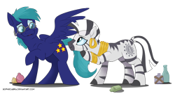 Size: 1500x829 | Tagged: safe, artist:spainfischer, character:zecora, oc, oc:trinary, species:pegasus, species:pony, species:zebra, g4, blushing, bottle, earring, female, glasses, looking at each other, male, pegasus oc, piercing, potions, profile, raised hoof, simple background, spread wings, stallion, transparent background, wings