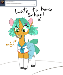 Size: 1111x1331 | Tagged: safe, artist:kryptchild, character:snails, alternate hairstyle, ask, ask glitter shell, clothing, crossdressing, cute, freckles, glitter shell, horse noises, mary janes, mouth hold, neigh, nom, school uniform, schoolgirl, schoolgirl toast, shoes, skirt, snail, socks, solo, stockings, toast, transgender, tumblr