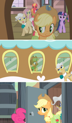 Size: 640x1083 | Tagged: safe, artist:capnpea, edit, character:apple bloom, character:applejack, character:big mcintosh, character:fluttershy, character:mayor mare, character:rarity, character:twilight sparkle, ship:mayorjack, bathroom, comic, female, lesbian, male, outhouse, shipping, stalking