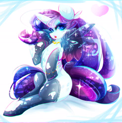 Size: 2055x2078 | Tagged: safe, artist:koveliana, character:rarity, :o, chromatic aberration, clothing, color porn, fake wings, female, jewelry, looking at you, open mouth, sitting, socks, solo